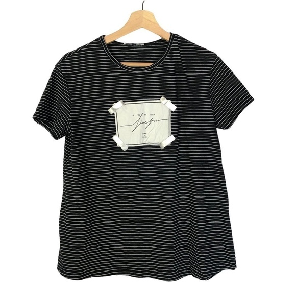 Zara Black & White Stripe Live Free Graphic Short sleeve T-Shirt M - Picture 1 of 3